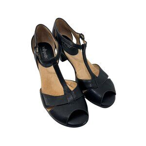 Softspots Women SZ 8M Black Leather T-Strap Heels Comfort Strappy Peep Toe